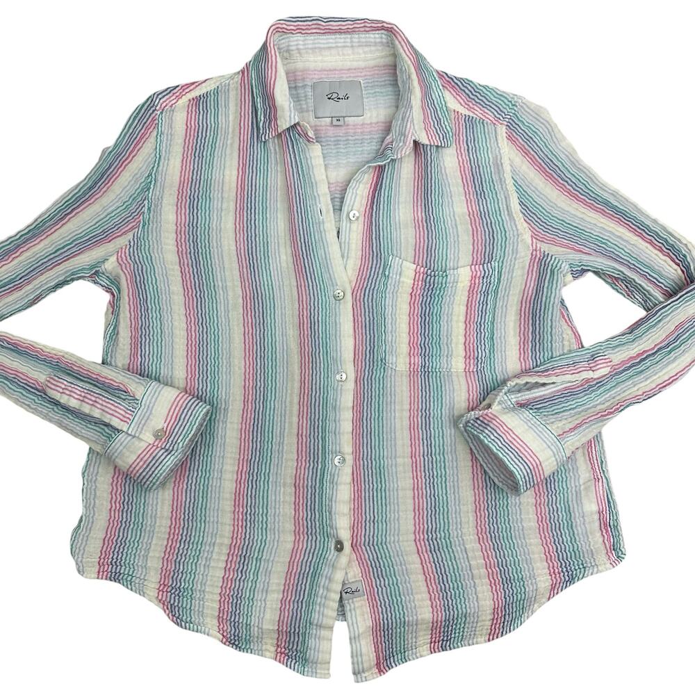Rails Ellis Button Down Shirt Iris Stripe Size XS Rainbow Lightweight Pastel - Picture 5 of 16